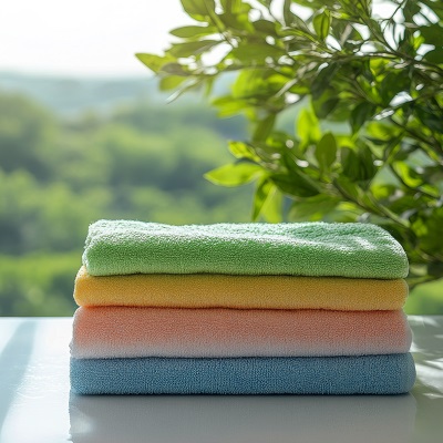 Neatly stacked towels in soft colors by a window with natural light and greenery