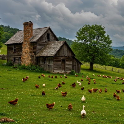 Rural homestead with chicken flock in green pasture mountain backdrop