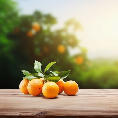 Wooden board table with blur orange farm background, Mockup for product, by AI Generative.